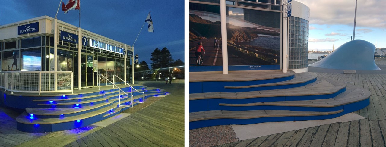 Night and Day images of landscape lighting at WDCL Visitors Centre